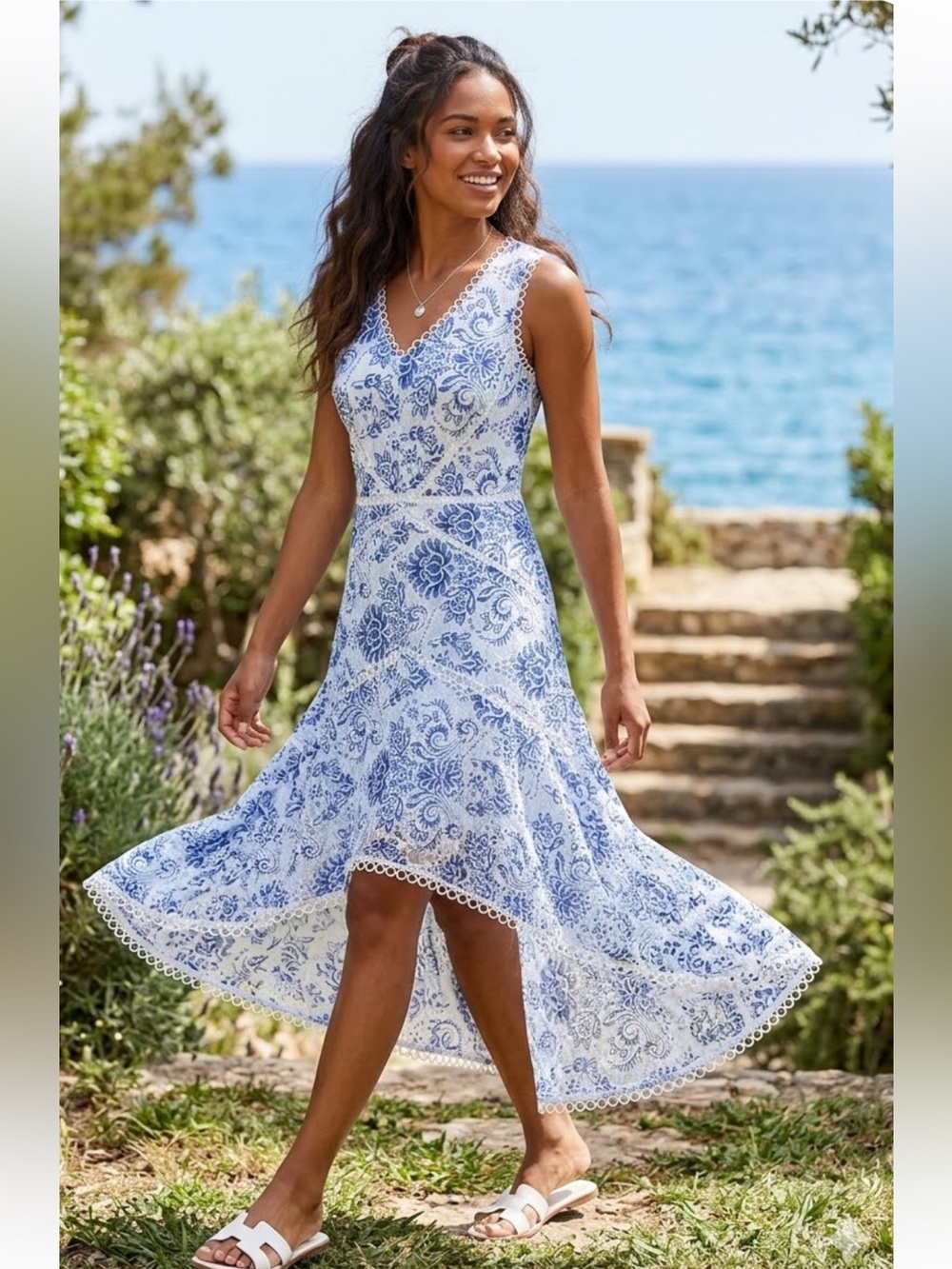 Taylor floral burnout lace cotton blend high-low midi Dress New 10